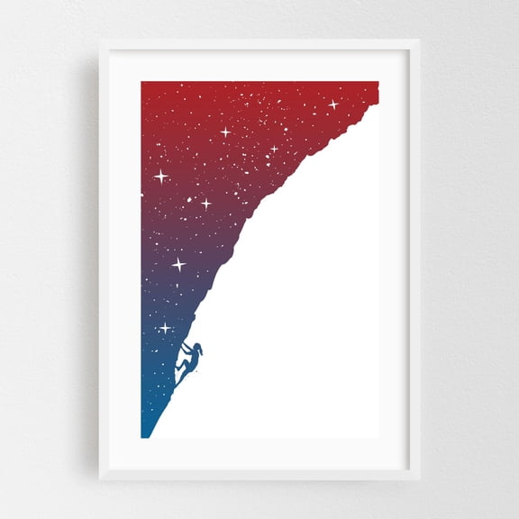Night Climbing - Illustration Silhouette Minimalist Space Stars Abstract Night Sky White Framed Wall Art Print 20 x 30 inches