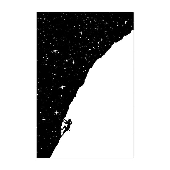 Night Climbing (bw) - Illustration Silhouette Space Stars Night Sky Minimalist Modern Art Abstract Unframed Wall Art Print 4 x 6 inches