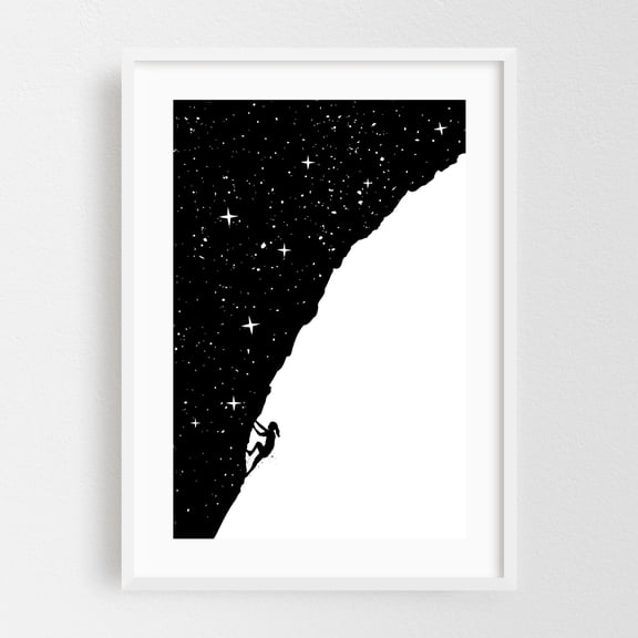 Night Climbing (bw) - Illustration Silhouette Space Stars Night Sky Minimalist Modern Art Abstract White Framed Wall Art Print 5 x 7 inches