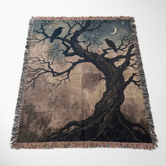 Night Crows Woven Throw Blanket, 100% Cotton, Fringed Edges