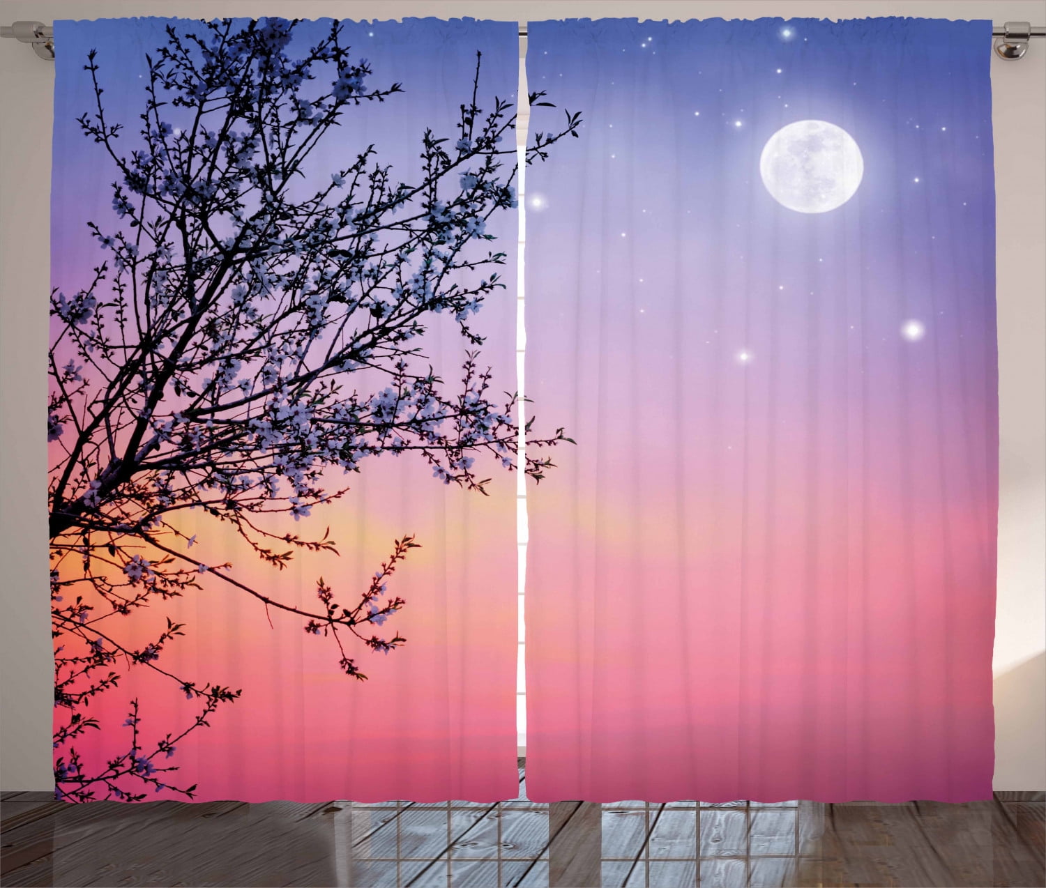 Ambesonne Night Curtains 2 Panel Set, Dreamy Sky Spring Tree, 108