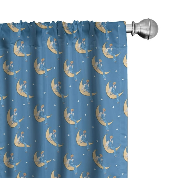 Night Curtains 2 Panels Set, Nursery Pattern of Doodle Angel Sits on Crescent Moon Polka Dots, Window Drapes for Living Room Bedroom, 56"W X 84"L, Sea Blue Peach, by Ambesonne