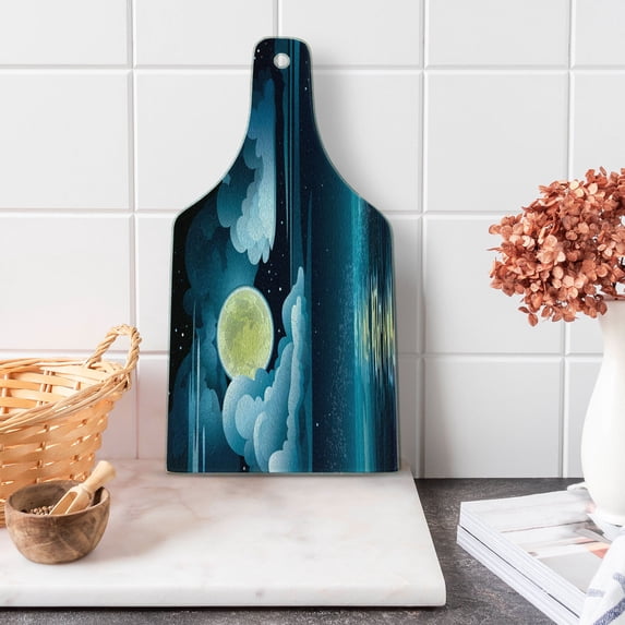 Night Cutting Board, Clouds Full Moon and Stars over the Sea Romantic Fantasy Graphic Print, Tempered Glass Cutting and Serving Board, Wine Bottle Shape, Black Pale Blue Eggshell, by Ambesonne