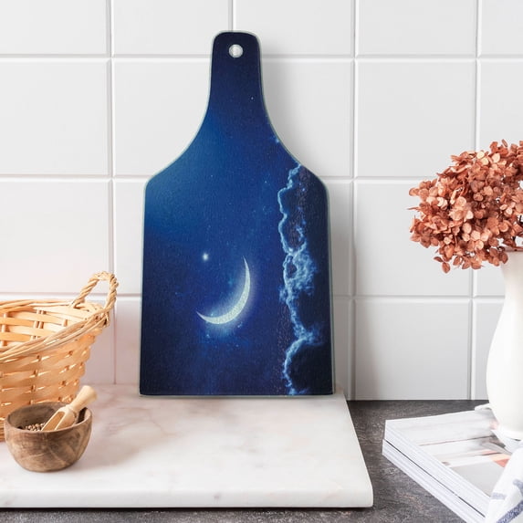 Night Cutting Board, Crescent Moon in Dark Sky Vibrant Stars Celestial View Midnight Image, Decorative Tempered Glass Cutting and Serving Board, Wine Bottle Shape, Royal Blue White, by Ambesonne