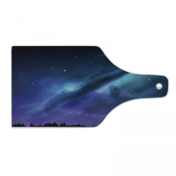Night Cutting Board, Milky Way Inspired Nebula Cluster Galaxy Cosmos Constellation, Decorative Tempered Glass Cutting and Serving Board, Wine Bottle Shape, Aqua Dark Blue Black, by Ambesonne