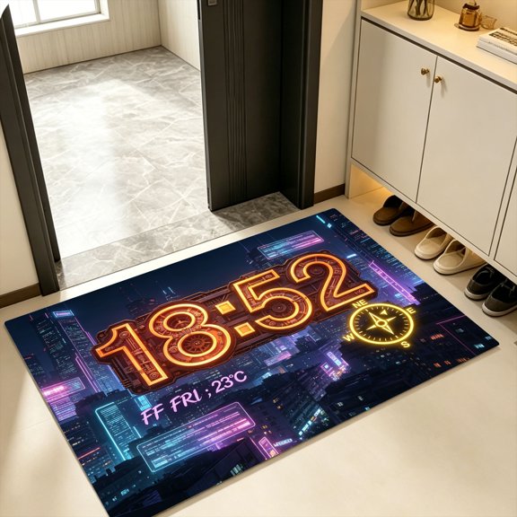 Night Cyber City Gear Compass HUD Neon Clock Friday Temp Doormat, Living Room Hallway Entry Rug, Halloween Urban Steampunk Metropolis Mechanical Interface Decor Gift