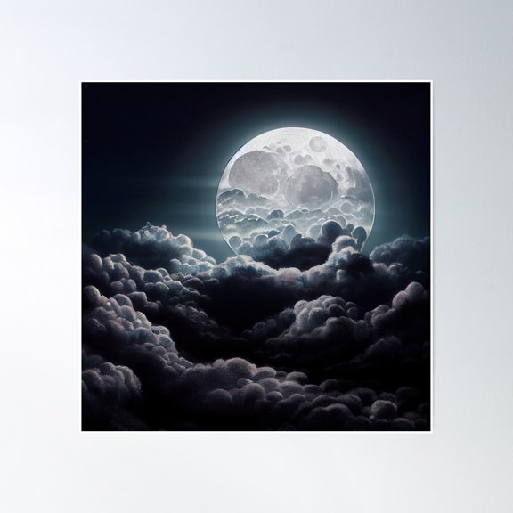 Night Darkmoon On A Grey Cloudy Sky Sticker Poster Wall Art, Modern Wall Decor, 16x16 UNFRAMED