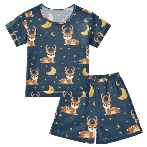 Night Dee Moon Pattern Summer Pajama Set Soft Cotton Short Sleeve Sleepwear 2PCS Pajama Sets Breathable Lounge Set Size 5Y