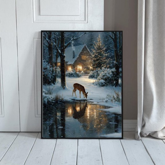 Night Deer Scene Print Snowy Poster Decor Wall Art Wall Decor, Unframed Poster Size 16x24 F03.1.22l305
