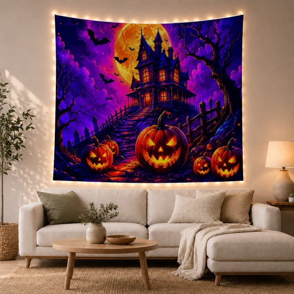 Night Dominated by With Haunted House Glowing Pumpkins, Spooky Gothic for Gothic Decor Fans, Dark Art Decor, Halloween Gift, Tapestry Wall Hanging for Bedroom and Dorm