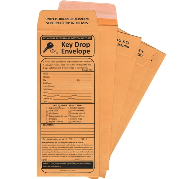 500 Night Drop Key Envelopes for Auto Repair Shops (Self Adhesive)