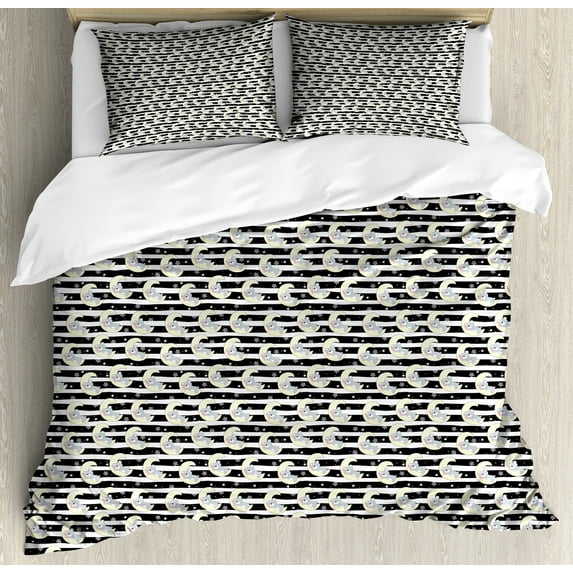 Night Duvet Cover Set, Bears Sleeping on Crescent Moon with Monochrome Stripes and Star Shapes, Decorative 3 Piece Bedding Set with 2 Pillow Shams, King Size, Charcoal Grey Cream, by Ambesonne