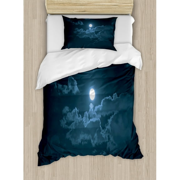 Night Duvet Cover Set, Full Moon Appearing Among Dark Clouds Scenic Mysterious Midnight Dusk Foggy Heavens, Decorative 2 Piece Bedding Set with 1 Pillow Shams, Twin Size, Dark Blue, by Ambesonne