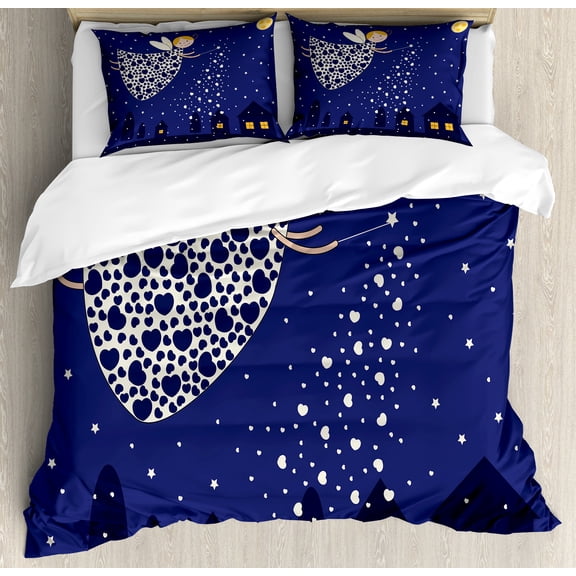 Night Duvet Cover Set, Girls Cartoon in Sky Casting Magic over Houses Hearts Stars, Decorative 3 Piece Bedding Set with 2 Pillow Shams, Calking Size, Blue Marigold White, by Ambesonne