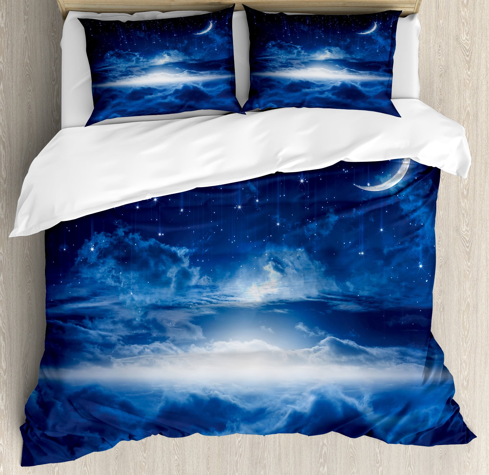 Night Duvet Cover Set, Heavenly Majestic Galaxy View Falling Stars
