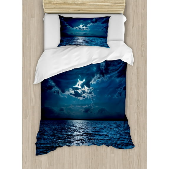 Night Duvet Cover Set, Majestic Dramatic Sky Clouds and Full Moon over Seascape Calm Tranquil Ocean, Decorative 2 Piece Bedding Set with 1 Pillow Shams, Twin Size, Dark Blue White, by Ambesonne