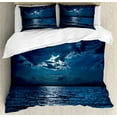 thumbnail image 1 of Night Duvet Cover Set, Majestic Dramatic Sky Clouds and Full Moon over Seascape Calm Tranquil Ocean, Decorative 3 Piece Bedding Set with 2 Pillow Shams, Queen Size, Dark Blue White, by Ambesonne, 1 of 3