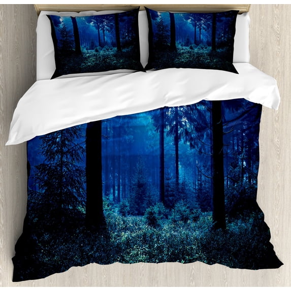 Night Duvet Cover Set, Misty Nature Scene of Autumn Forest in Thuringia Germany Tranquil Woodland, Decorative 3 Piece Bedding Set with 2 Pillow Shams, Queen Size, Blue Green White, by Ambesonne