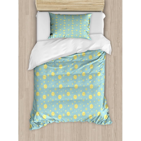 Night Duvet Cover Set, Pattern of Theme Cartoon Moon and Stars Sleep Time Illustration, Decorative 2 Piece Bedding Set with 1 Pillow Shams, Twin Size, Seafoam Pastel Yellow, by Ambesonne