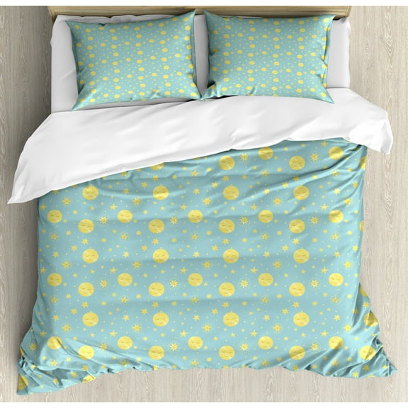 Night Duvet Cover Set, Pattern of Theme Cartoon Moon and Stars Sleep Time Illustration, Decorative 3 Piece Bedding Set with 2 Pillow Shams, Calking Size, Seafoam Pastel Yellow, by Ambesonne