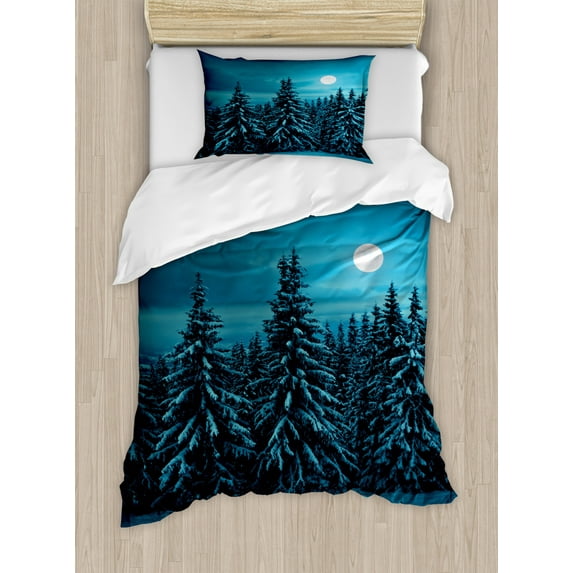 Night Duvet Cover Set, Tranquil Blue Moon in Woods Covered Snow Serene Winter View Scene, Decorative 2 Piece Bedding Set with 1 Pillow Shams, Twin Size, Turquoise Teal White, by Ambesonne