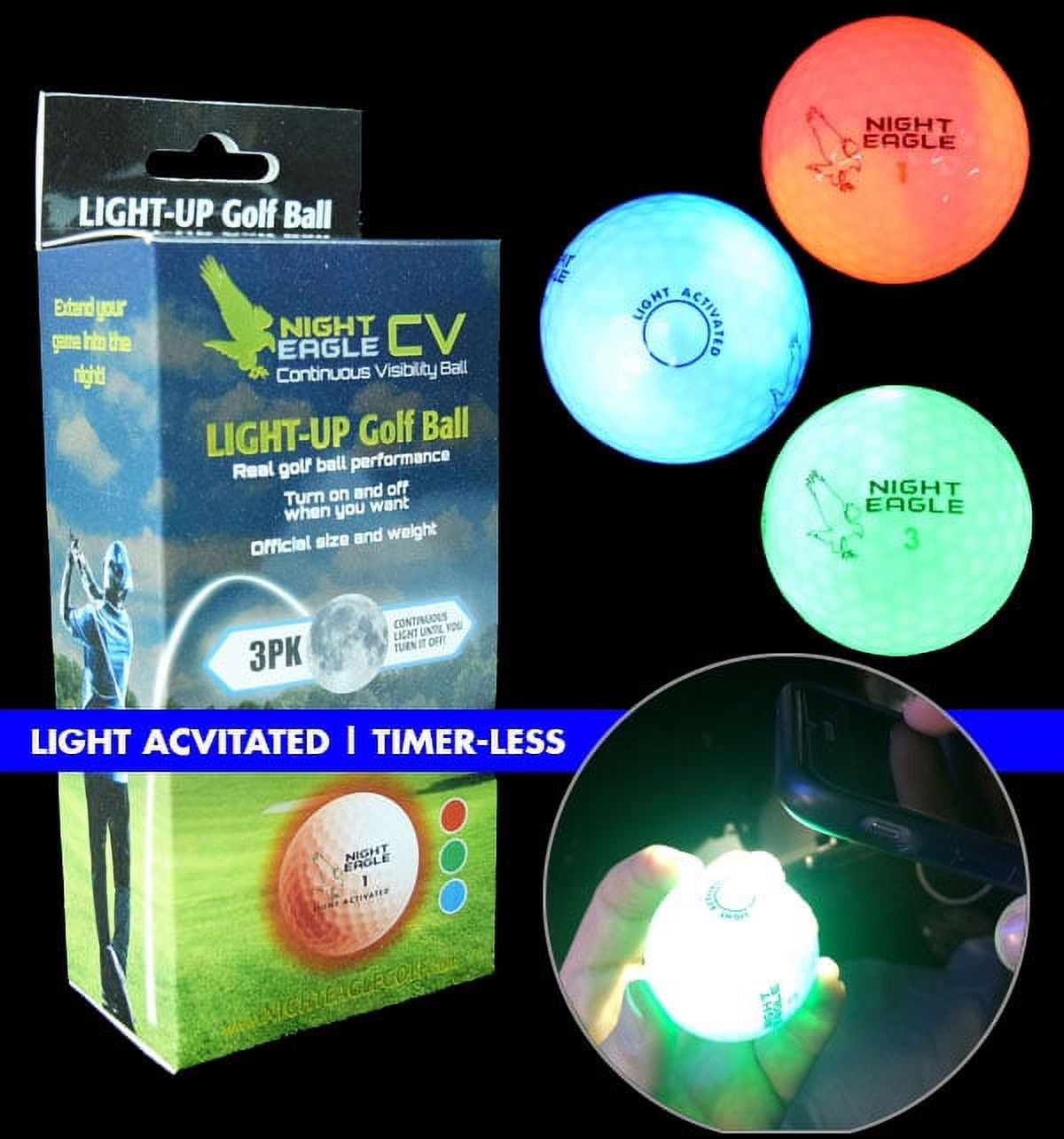 Night Eagle CV LED Golf Balls Light Activated No Timer 3 Pack