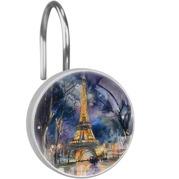 Night Eiffel Tower Street Shower Curtain Hooks Round Crystal Glass, Set of 12 Shower Curtain Rings - Shower Hooks for Curtain Shower Rings