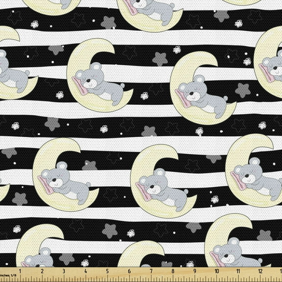 Night Fabric by the Yard, Bears Sleeping on Crescent Moon with Monochrome Stripes and Star Shapes, Decorative Upholstery Fabric for Sofas and Home Accents, 1 Yard, Charcoal Grey Cream by Ambesonne