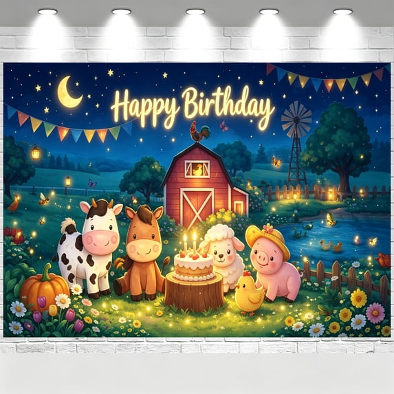 Night Farm Happy Birthday Backdrop Barn Moon Cake Farm Animal Birthday ...