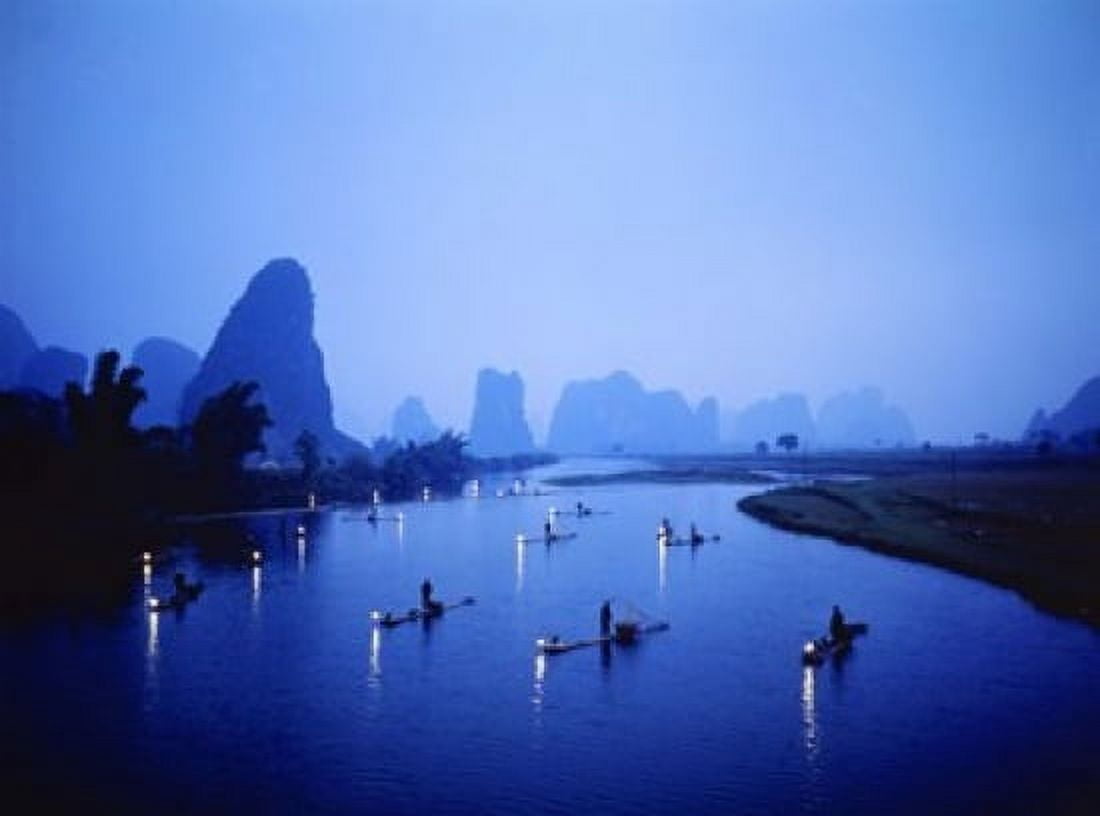 Night Fishing Guilin China Canvas Art - Panoramic Images (24 x 18)