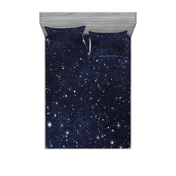 Night Fitted Sheet & Pillow Sham Set, Composition Dots Sky Theme Abstract Style Arrangement Cosmos Concept Print, Decorative Printed 6 Piece Bedding Decor Set, Calking, Dark Blue White, by Ambesonne