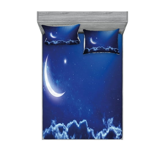 Night Fitted Sheet & Pillow Sham Set, Crescent Moon in Dark Sky Vibrant Stars Celestial View Midnight Image, Decorative Printed 6 Piece Bedding Decor Set, Calking, Royal Blue White, by Ambesonne