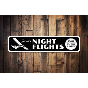 Night Flights Sign Airplane Sign Custom Pilot Name Sign Metal Aviation Decor Man Cave Sign - Night Signs - Size: 16 x 4 Inches