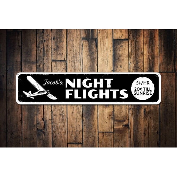 Night Flights Sign Airplane Sign Custom Pilot Name Sign Metal Aviation Decor Man Cave Sign - Night Signs - Size: 16 x 4 Inches