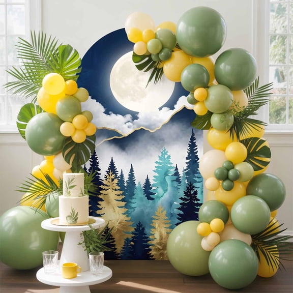 Night Forest Arch Backdrop Cover, 5FT, Mountain Cloud Moon Gold Teal Pine Tree Spandex Arch Covers Double-Sided Backdrop for Wedding Birthday Party Photo Background Decoration