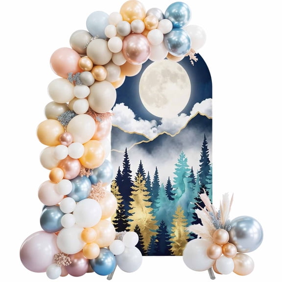 Night Forest Arch Backdrop Cover 6 FT Mountain Cloud Moon Gold Teal Pine Tree Stretchy Elastic Arch Stand Covers Spandex Arched Background Birthday Wedding Party Decoration (No Stand)