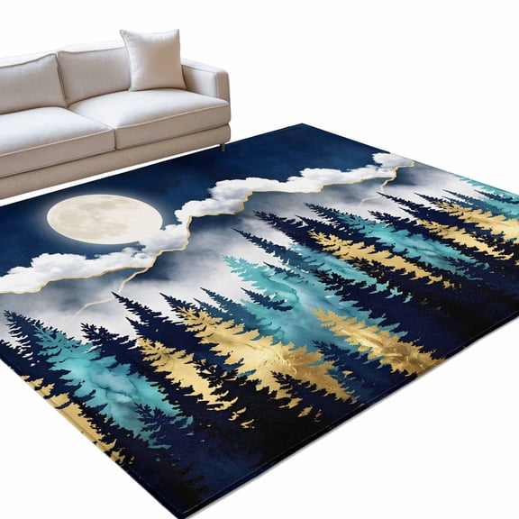 Night Forest Area Rugs 8x10ft Mountain Cloud Moon Gold Teal Pine Tree Floor Rug Non Slip Low Pile Ultra Soft Throw Carpet for Entryway Indoor Entrance Kitchen Bathroom