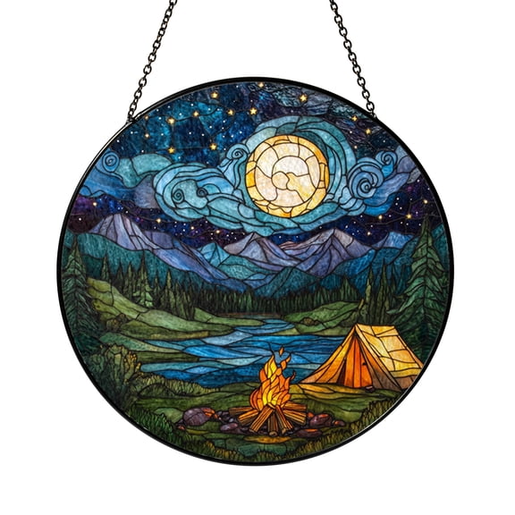 Night Forest Camping Scene Stained Glass Style Suncatcher for Window Decor