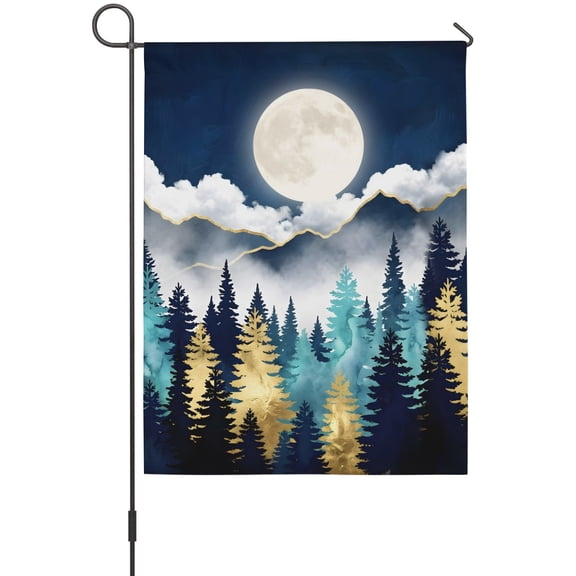 Night Forest Garden Flag 12 x 18 Inches, Mountain Cloud Moon Gold Teal Pine Tree Weather Proof Outdoor Patio Flags Double Sided Small Garden Decoration for Yard Outside Home