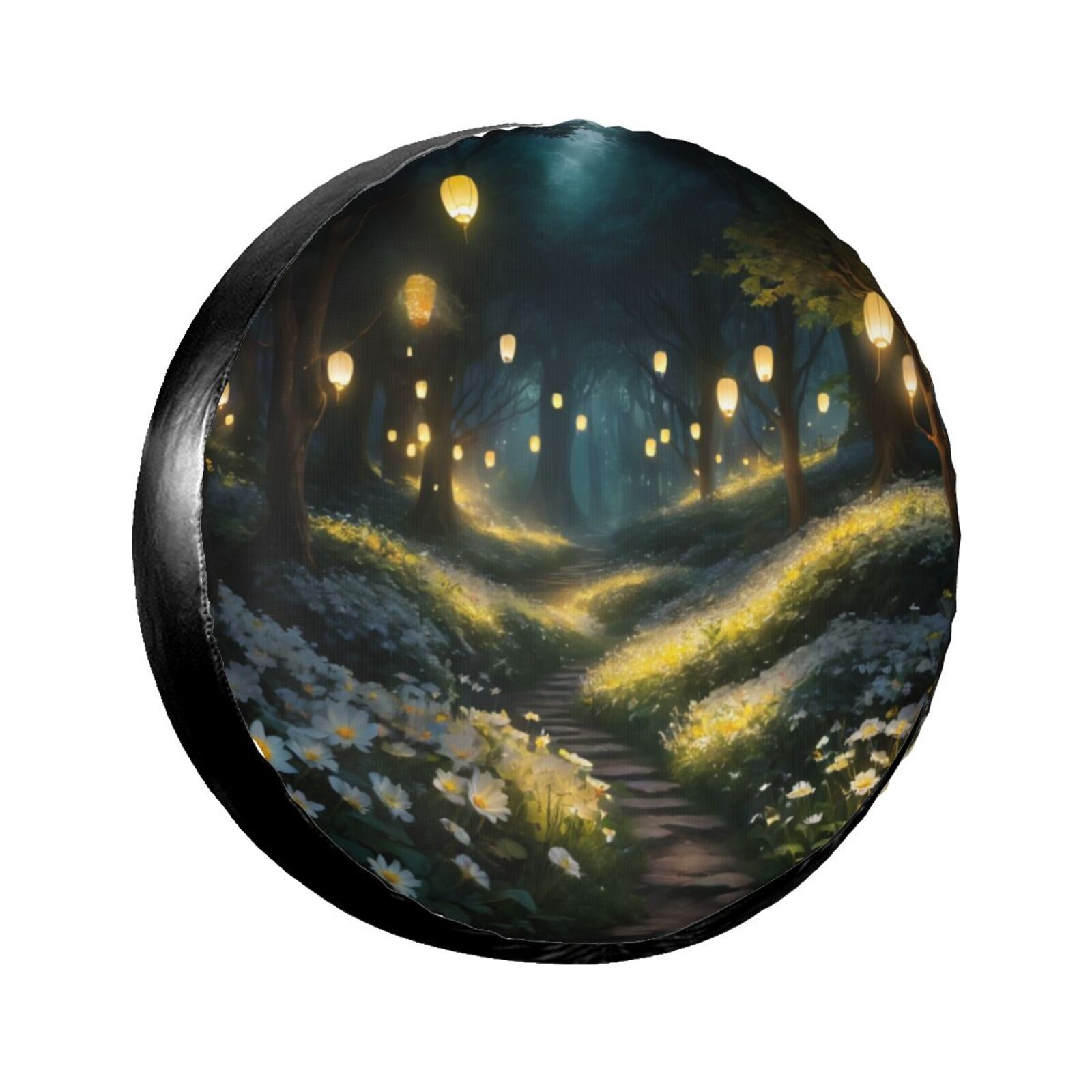Night Forest Glowing Moon & Hanging Lanterns The spare tire cover is
