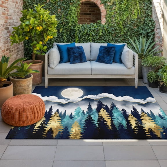 Night Forest Indoor Outdoor Rugs 3x5 Ft, Mountain Cloud Moon Gold Teal Pine Tree Outdoor Patio Rugs Mat Washable Outside Area Rugs Carpet for Porch Deck RV Camping Pool Balcony Backyard