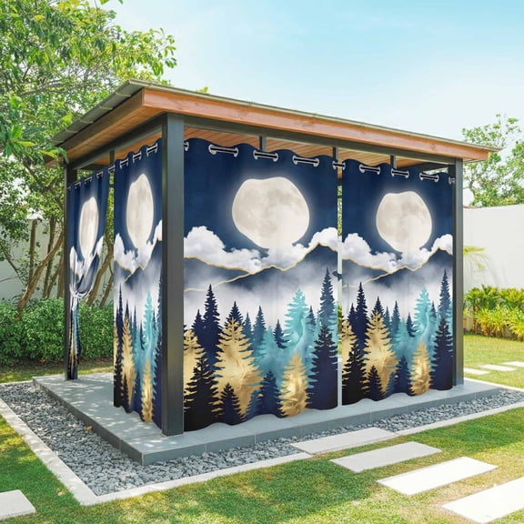 Night Forest Outdoor Curtains for Patio, Mountain Cloud Moon Gold Teal Pine Tree Sunshade Privacy Drapes Grommet Waterproof Outside Curtains for Porch/Cabana/Balcony 54"x 84", 1 Panel