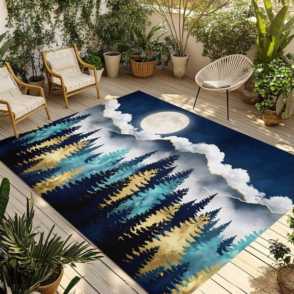 Night Forest Outdoor Rug 4x6 ft Mountain Cloud Moon Gold Teal Pine Tree Non Slip Patio Rug Washable Absorbent Large Outdoor Carpet Outside Mat for Porch RV Garden Camping
