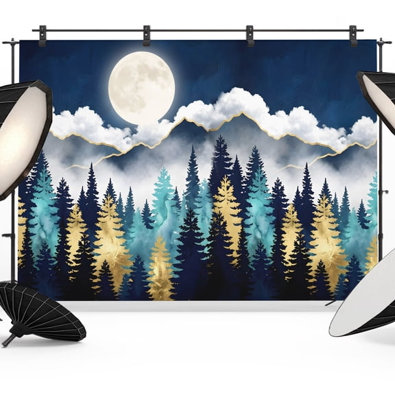 Night Forest Photography Backdrop 7x5FT, Mountain Cloud Moon Gold Teal Pine Tree Photo Backdrops, Background for Photography Studio Photo Studio Background, Back Drop for Photoshoot