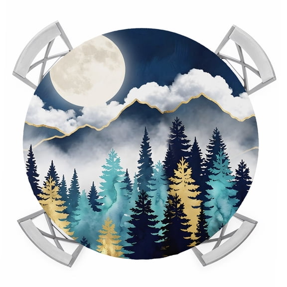 Night Forest Round Table Cover, Mountain Cloud Moon Gold Teal Pine Tree Waterproof Fitted Tablecloths for 55"-60" Tables, Washable Picnic Table Cover for Camping Dining Indoor Outdoor