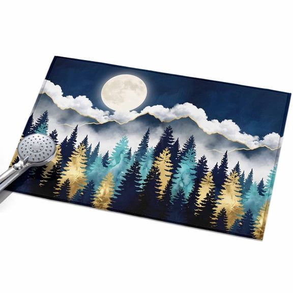 Night Forest Washable Area Rug 2 x 3 ft Mountain Cloud Moon Gold Teal Pine Tree, Soft Non Slip Rugs Stain Repellent Indoor Felt Carpet for Living Dining Room Bedroom Home Office
