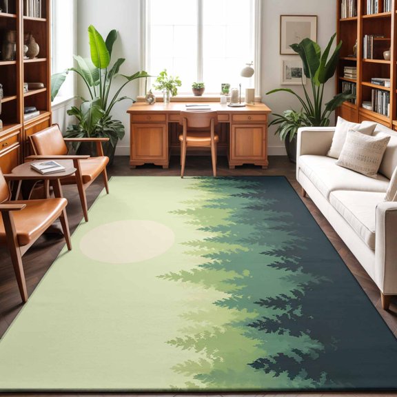 Night Forest Washable Area Rug 9 x 12 ft Gradient Green Pine Trees Silhouette, Soft Non Slip Rugs Stain Repellent Indoor Felt Carpet for Living Dining Room Bedroom Home Office