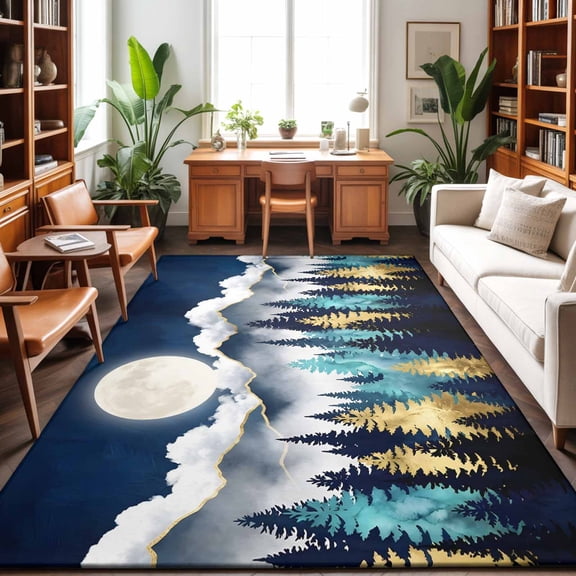 Night Forest Washable Area Rug 9 x 12 ft Mountain Cloud Moon Gold Teal Pine Tree, Soft Non Slip Rugs Stain Repellent Indoor Felt Carpet for Living Dining Room Bedroom Home Office
