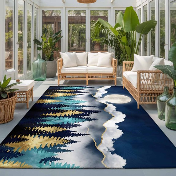 Night Forest Washable Living Room Rugs 9'x12', Mountain Cloud Moon Gold Teal Pine Tree Washable Throw Large Area Rug Non-Slip Sturdy Edge Binding Carpet for Bedroom Dining Room Office