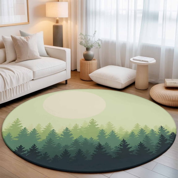 Night Forest Washable Round Area Rug 3 ft, Gradient Green Pine Trees Silhouette, Soft Non Slip Rugs Stain Repellent Indoor Felt Carpet for Living Dining Room Bedroom Home Office